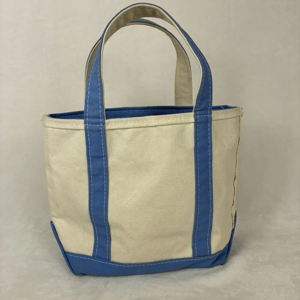 Vintage LL Bean Mini Boat And Tote -Beige Light Blue Canvas Bag With Zipper Top